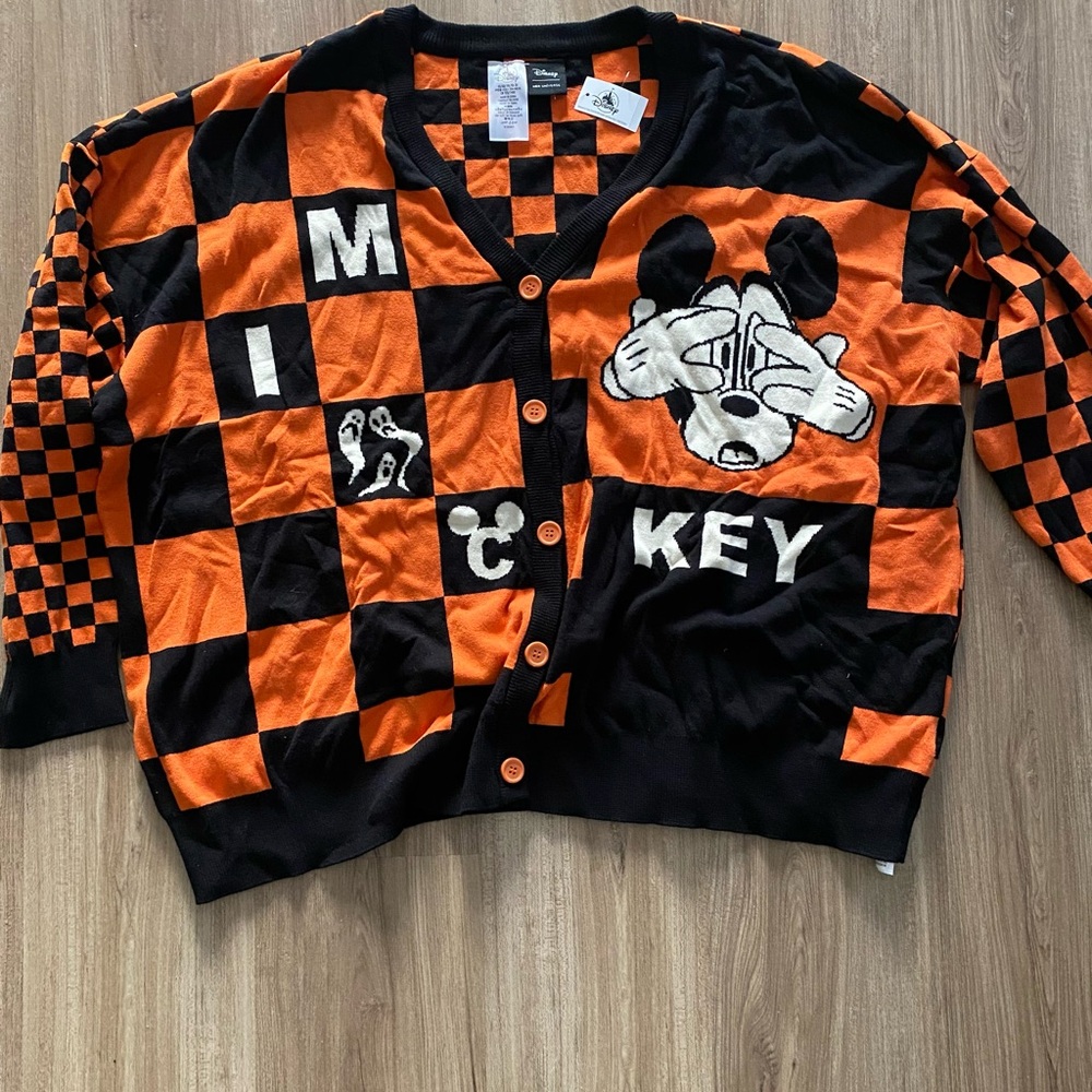 Disney world Mickey Mouse Halloween Black and Orange cardigan sweater New
